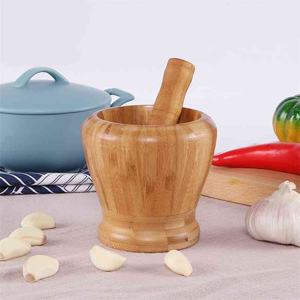 Macinapepe in legno Mortaio Pestello Pugging Pot Aglio Macinaspezie Farmacia Erbe Ciotola Frantoio Gadget da cucina S/M/L 3 Dimensioni 210611