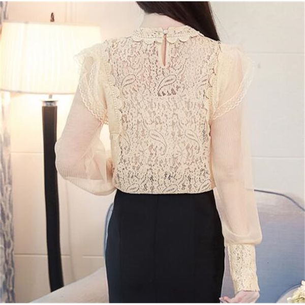 

lace floral crochet long sleeve summer shirt blouses plus size 2xl elegant women blouse and, White