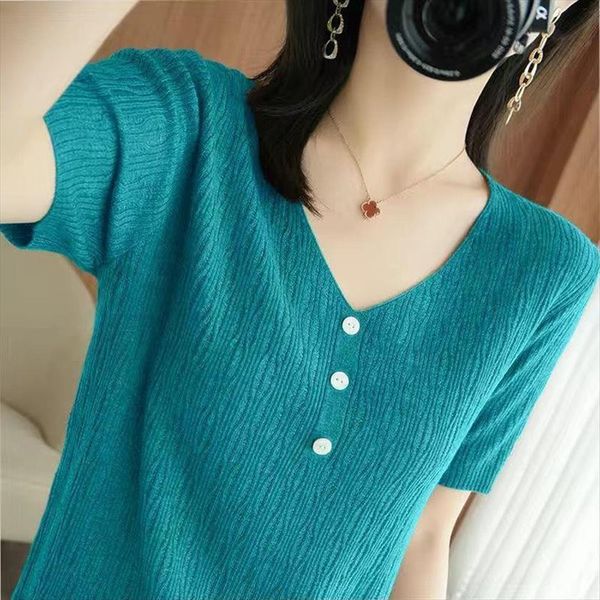 

7 colors summer ice silk womens sweaters short sleeve t shirt loose v neck casual knitwear femme, White;black