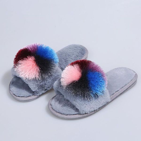 

slippers vmti 2021 summer fashion color plush ball flat sandals and women casual one-word cotton drag, Black