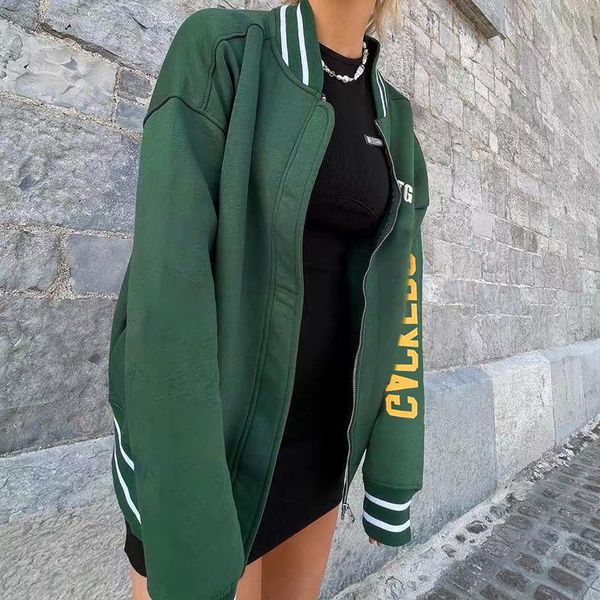 

women's jackets letter baseball zip up bombers green women urban fashion chic full sleeve oversized loose varsity jacket, Black;brown