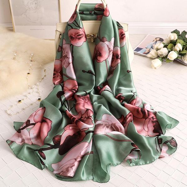 

scarves 2021 summer beach female foulard fashion 180x90cm silk scarf for women long soft flower printing wraps and shawls, Blue;gray