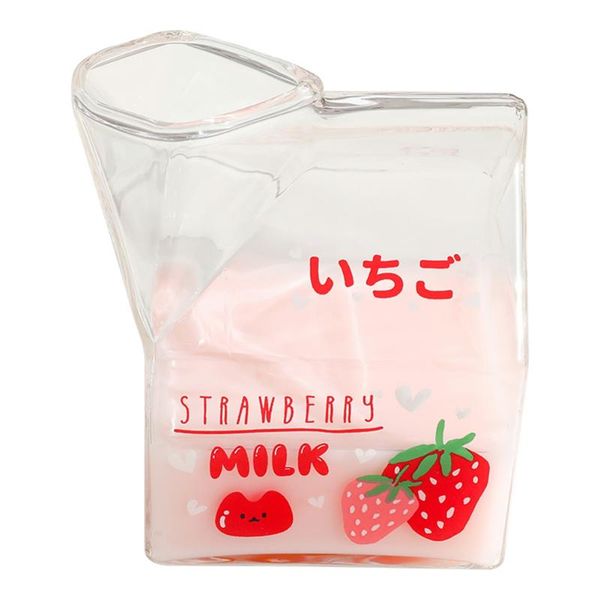 

japanese style glass milk cup tableware square bottom lovely strawberry yogurt for anti-slip heat resistant 380ml wine glasses