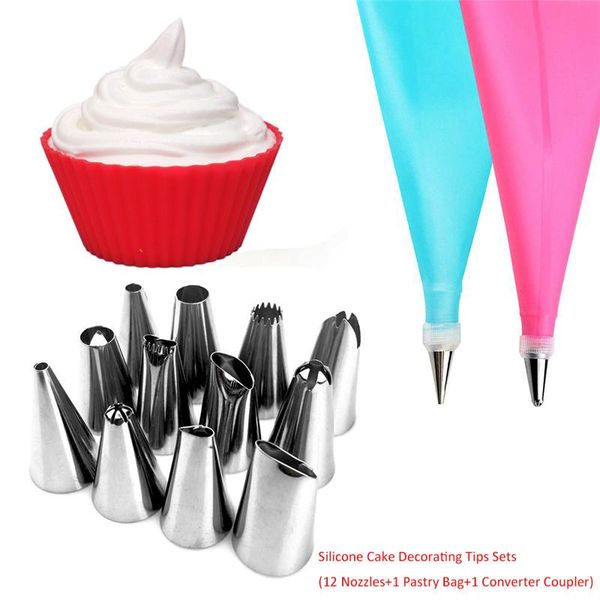 

baking & pastry tools 14pcs cake decorating supplies kit with 12 nozzles+1 silicone bags+1 reusable plastic couplers