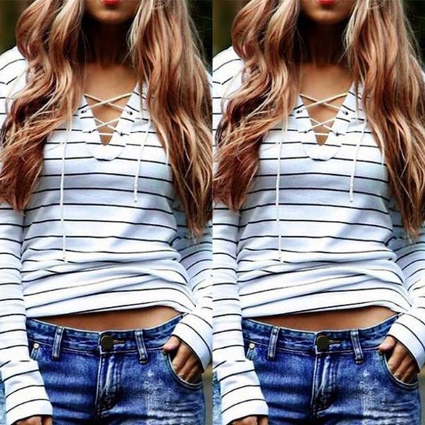 

spring autumn ladies t-shirt women long sleeve bandage striped female bottoming shirt lm75, White