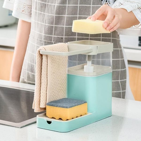 

upgrade 3 in 1 soap dispenser kitchen manual press liquid drip tray rag towel sponge rack organizer