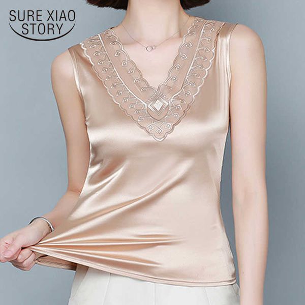 

summer simple korean slim fit lace and blouse women sleeveless v-neck ice silk vest chemisier femme 9491 50 210527, White