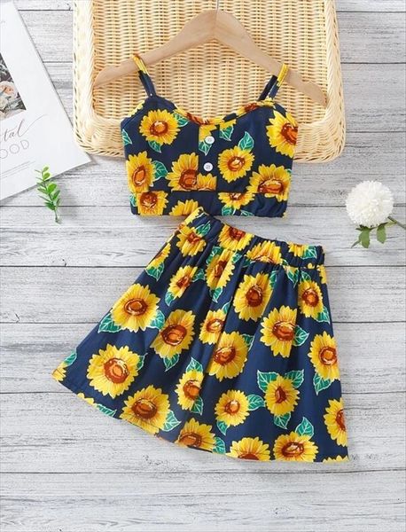 

baby camisole skirt sunflower print elastic waist navel design a line version summer clothing sweet style 2 7 years, White