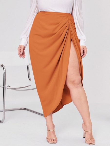 

plus fold pleated split thigh skirt w26f#, Black