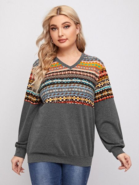 

plus v-neck fair isle pattern spliced pullover q27w#, Black
