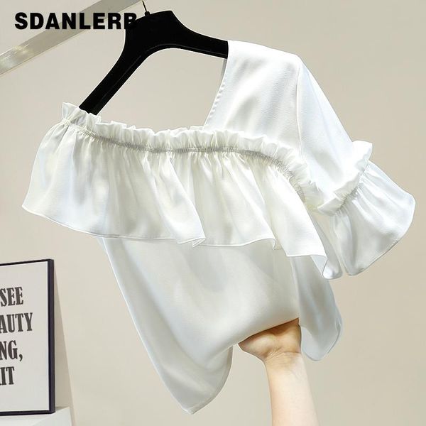 

women's blouses & shirts sweet personality lotus leaf irregular ruffles blouse women off shoulder pullover shirt temperament ladies bl, White