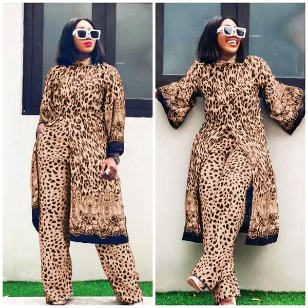 

ethnic clothing 2 piece set women african traditional dashiki leopard print long + pants suit female casual streetwear africa robe, Red