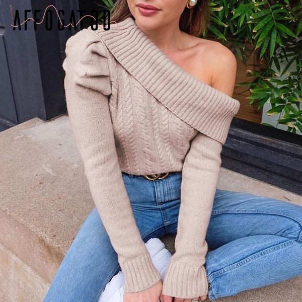 

women's sweaters affogatoo one shoulder knitted sweater women casual asymmetrical puff sleeve pullovers jumper ladies autumn winter, White;black