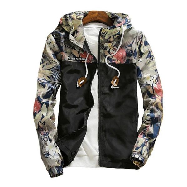 

men's jackets 2021 men clothing autumn long sleeve floral printed patchwork hoodie coat casual hooded zip up jacket, Black;brown