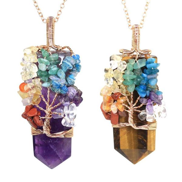 JLN Forma de espada Chip de cristal Piedra Árbol de la vida Colgante Siete Chakra Alambre Envuelto Cuarzo Hexágono Prisma Amuleto Encanto con cadena de latón Collar