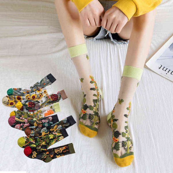 1Pair japonês Coreia Moda Jacquard Mulheres Verão Fresco Criativo Floral Transparente Tendência de Seda Impressão Ultratina De Silk Socks Y1119