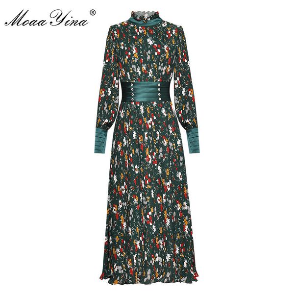 

fashion designer runway dress spring autumn women lantern sleeve floral-print pleated elegant 210524, Black;gray