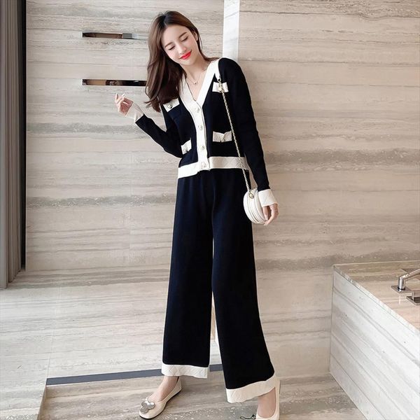 

autumn and winter single breasted womenpant long sleeved sweater 2pcs fashion sets female comfy lounge suit, White
