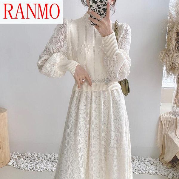 

patchwork knitted dress women 2021 autumn elegant slim dresses vestidos puff sleeve o-neck ladies long casual, Black;gray