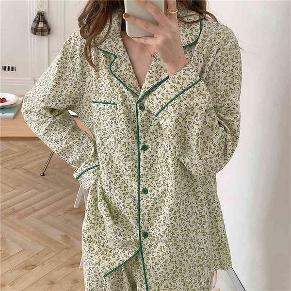 

women's sleepwear spring autumn women long sleeved chic pure cotton pajamas set fashion floral print home pjs pyjamas loose female, Black;red