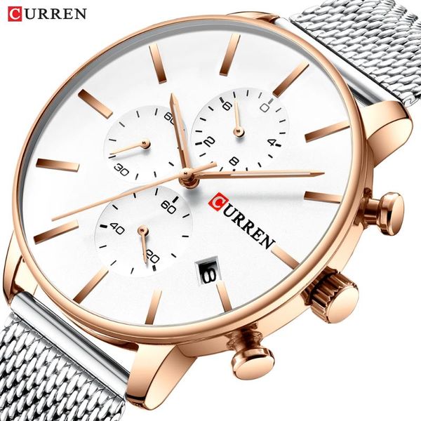 

wristwatches curren luxury chronograph watch men quartz waterproof steel mesh watches business fashion brand clock, Slivery;brown