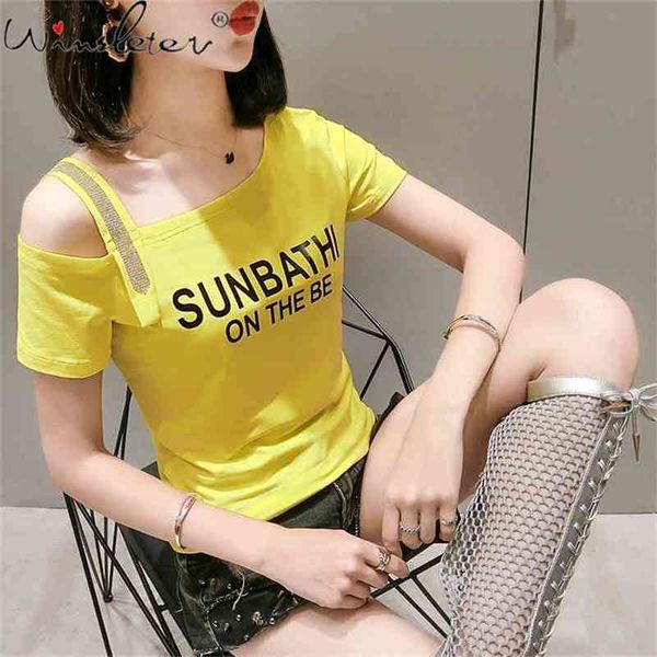 Verão Coreano Roupas Algodão Sólido T-Shirt Sexy Moda Escavada Letra Mulheres Tops Slim Strong Camisa Tees T13802A 210421