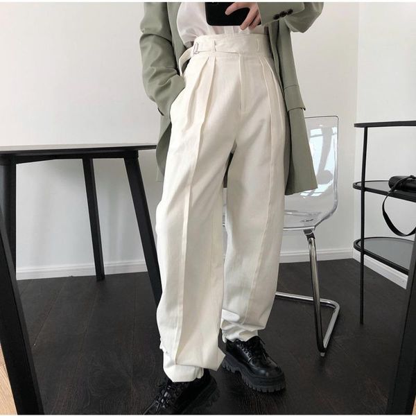

[ewq] 2021 spring and autumn solid color adjustable all-match trousers korea white wide leg pants qx693 women's & capris, Black;white