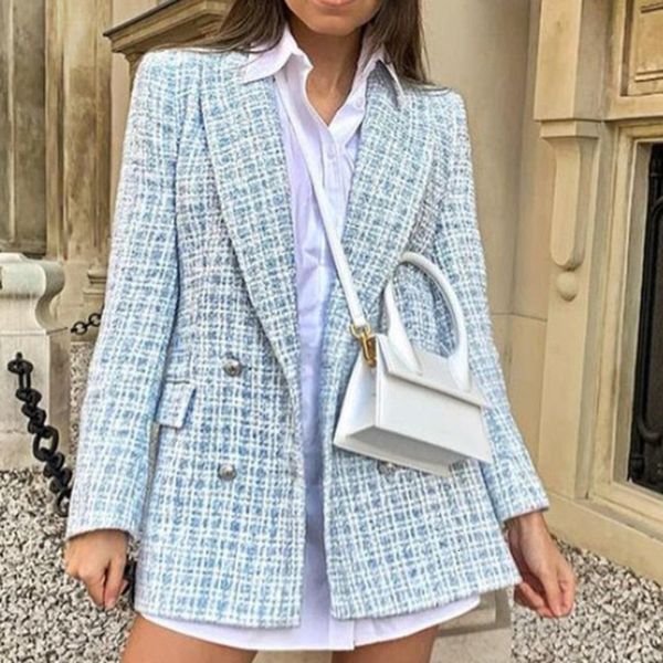 

women's jackets elegant blue tweed female autumn vintage jacket lady office streetwear turn-down collar double breasted casual blazer o, Black;brown