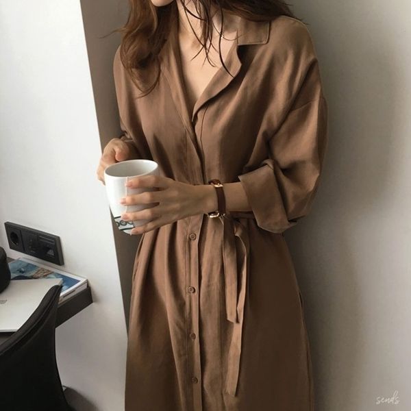 

2020 spring autumn new korean version loose and thin solid color lapel knee length cardigan windbreaker coat women, Black