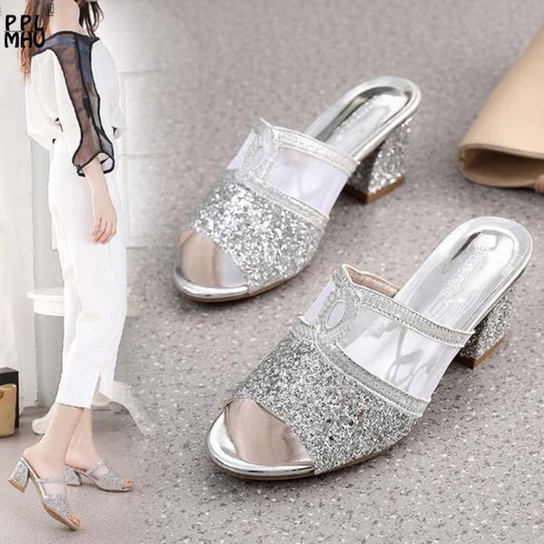 

breathable hollow slides fashion fish mouth square heel platform slippers summer sandals golden bling pu leather rhinestone mesh, Black