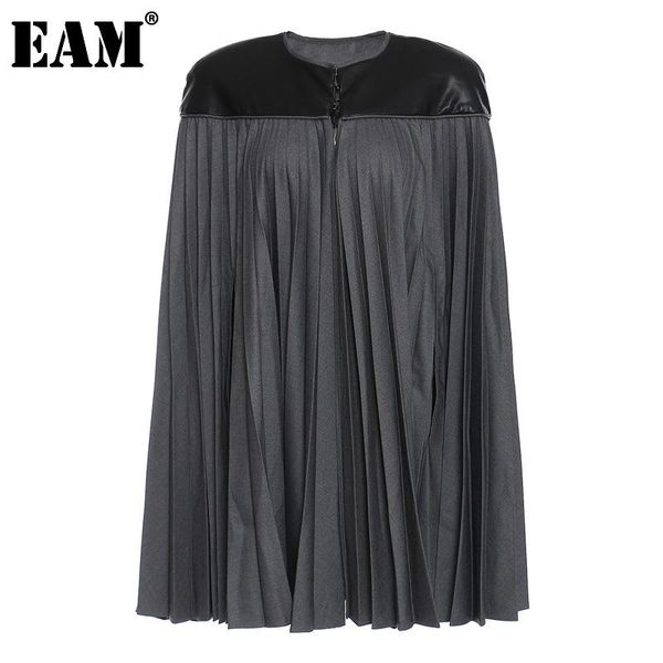 

women's jackets [eam] loose fit big size pu leather pleated jacket round neck long sleeve women coat fashion tide spring autumn 2021 1d, Black;brown