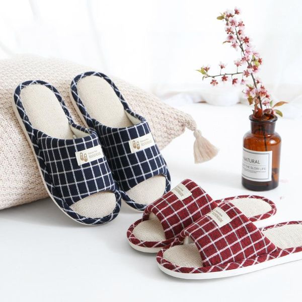 

slippers summer indoor home slides flax light gingham cotton fabric living room non slip flats ladies men couple guest, Black