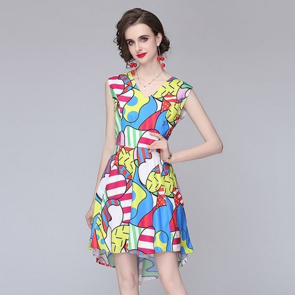 

summer elegant printed vintage dres sleeveless v neck runway female high waist mini dres 210531, Black;gray