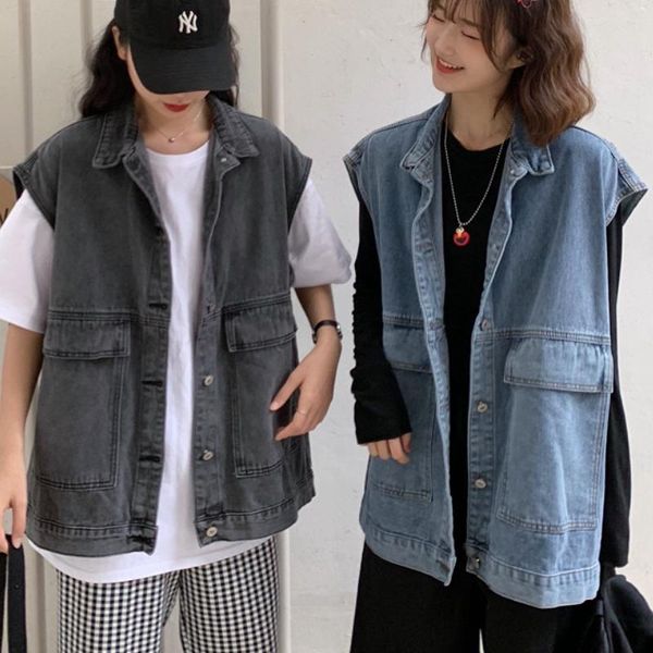 

women's vests loose denim vest women casual jean waistcoat vintage sleeveless jacket slim solid coats with pocket button veste femme, Black;white