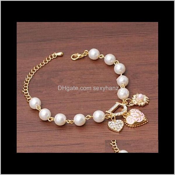 

drop delivery 2021 b327 pearl gold chain bling rhinestone heart bracelets charm jewelry wholesale factory price #2029 cfky6, Golden;silver