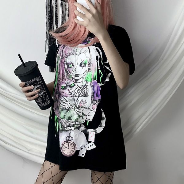

women's t-shirt insgoth print black t-shirts women gothic harajuku loose long streetwear short sleeve tees casual collage myfd, White