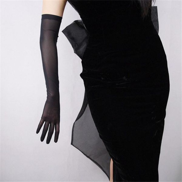 

five fingers gloves black silk 52cm extra long section high elastic lace mesh yarn evening vestido de noche bride marry touch, Blue;gray