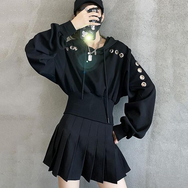 

women's hoodies & sweatshirts loose fit black split joint sweatshirt hooded long lantern sleeve women big size fashion spring autumn 20