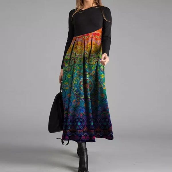 

women vintage print cross patchwork dress autumn winter elegant long sleeves party dresses ladies casual a-line dress women, Black;gray