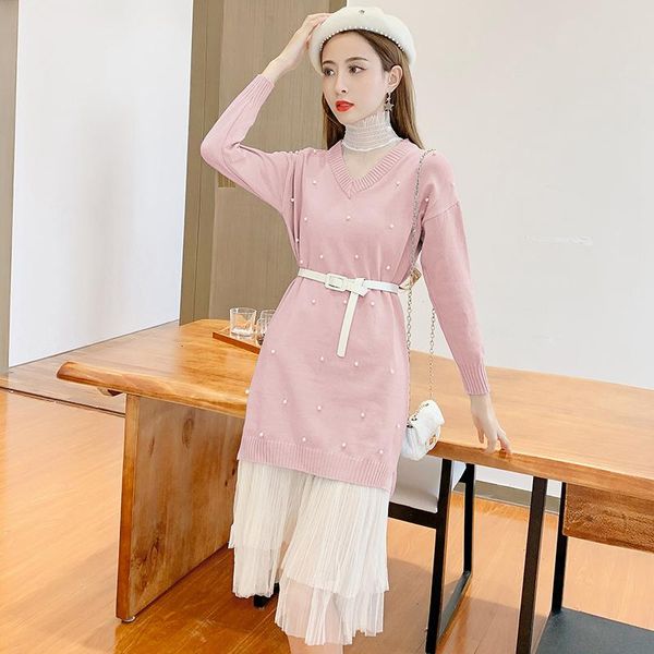 

two piece dress street fall winter 2 set women's long sleeve pearls beading knitted sweater + mesh suit, White