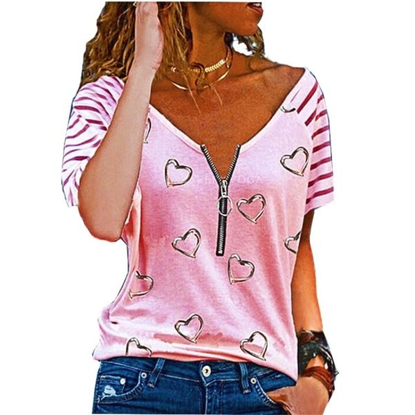 

t-shirts summer v-neck zipper love heart print short sleeve tees pullover loose t shirt women cotton striped patchwork 210604, White