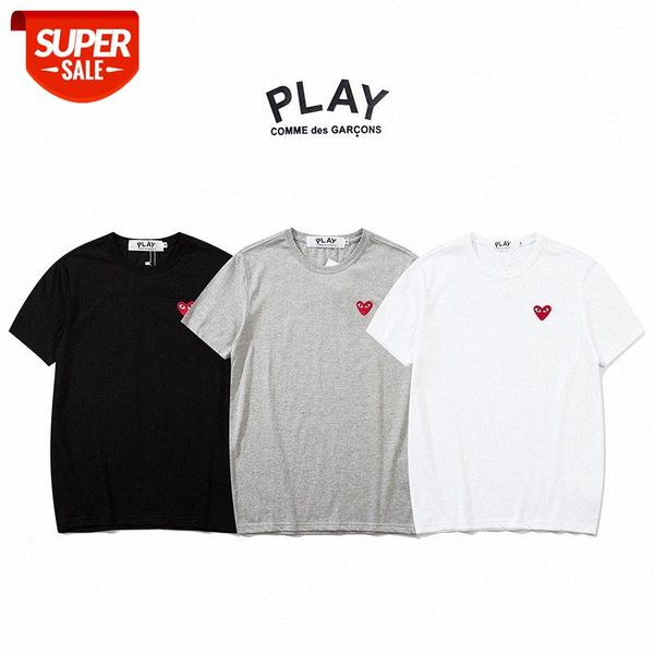 

ss japanese white t-shirt embroidered small red heart for men and women couples peach love solid color round neck #ci8a, White;black