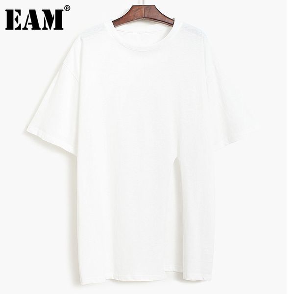 

[eam] women black big size causal irregular slit mid-length t-shirt round neck short sleeve fashion spring summer 1dd8194 21512, White