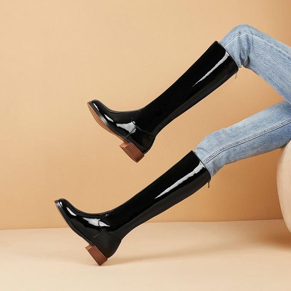 

boots women fashion genuine leather knee high night club shoes woman square heels female silm long riding, Black