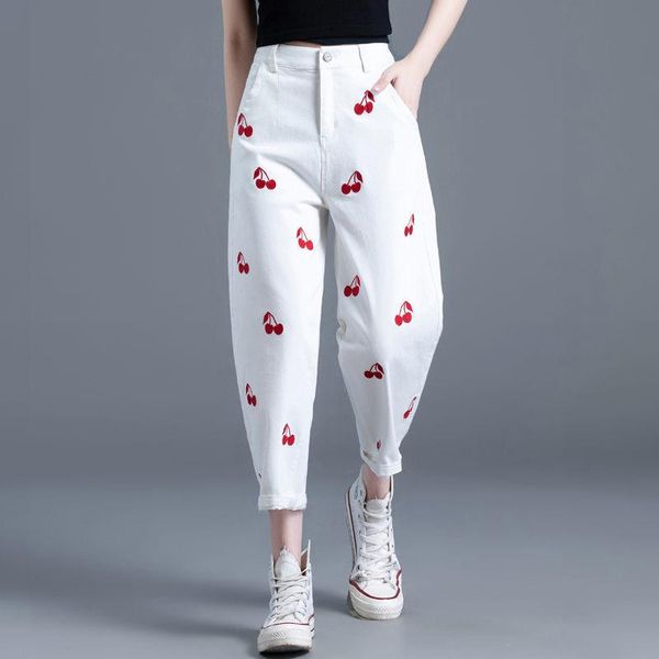 

women's jeans streetwear cherry embroidery women high waist oversized loose denim casual ankle-length pants plus size 26-34 white, Blue