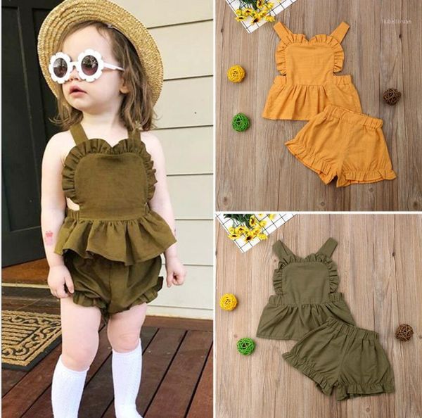 

clothing sets summer children girl cotton and linen flying sleeve short thin sling + solid color pants kids two-piece suit xb771, White