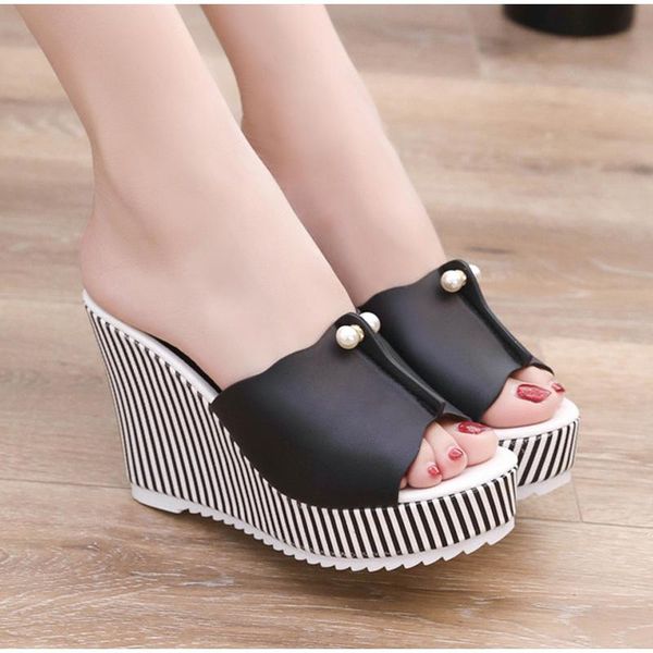

slippers summer outdoor mature female slides wedges women's thick botomn sandals peep toe pearl pu leather striped ladies shoes, Black