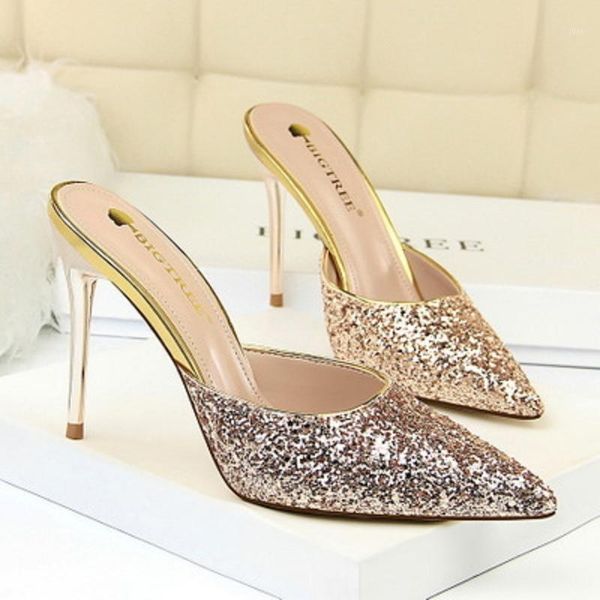 

slippers summer ladies sandals and fashion sequins stiletto high-heeled shallow mouth baotou pointed female1, Black