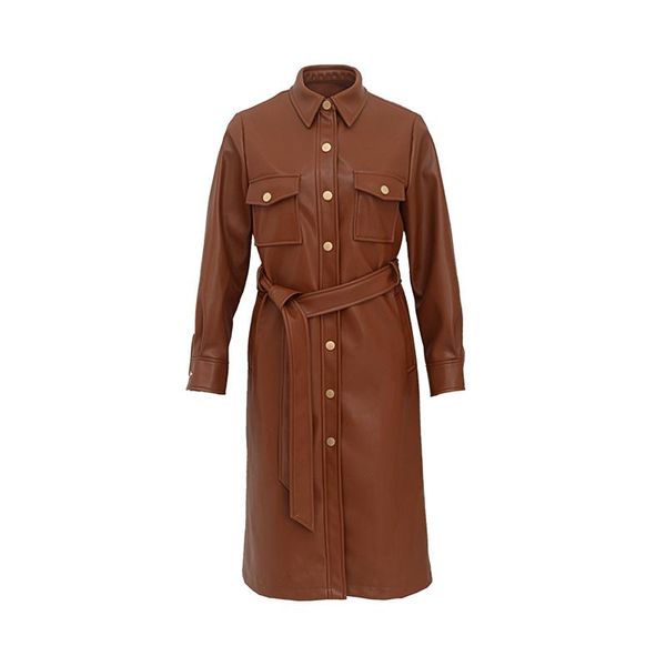 

women's leather & faux mid-long windbreaker jacket women autumn and winter retro brown pu female slim coat ns2213, Black