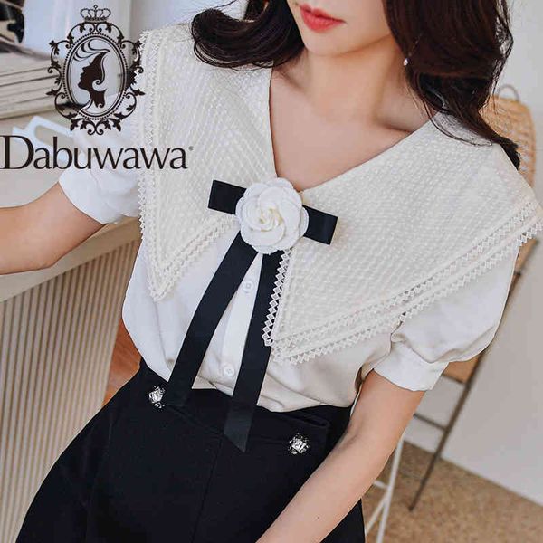 

dabuwawa summer sweet turn-down collar blouse women puff sleeve appliques floral bow solid casual shirts female dt1bst021 210520, White